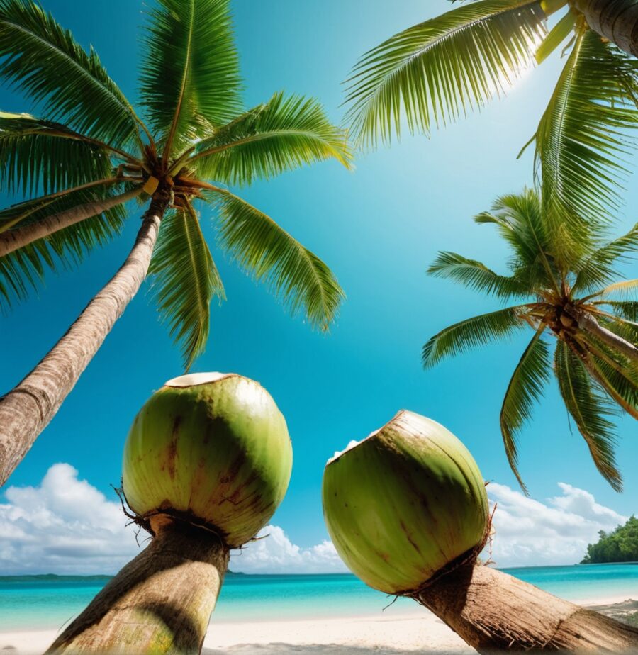 Tropische Szene mit Palmen, Kokosnuss und Meer